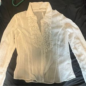 Jeanstar Women's White Ruffle Long Sleeve Sheer Button Up Shirt Top Blouse